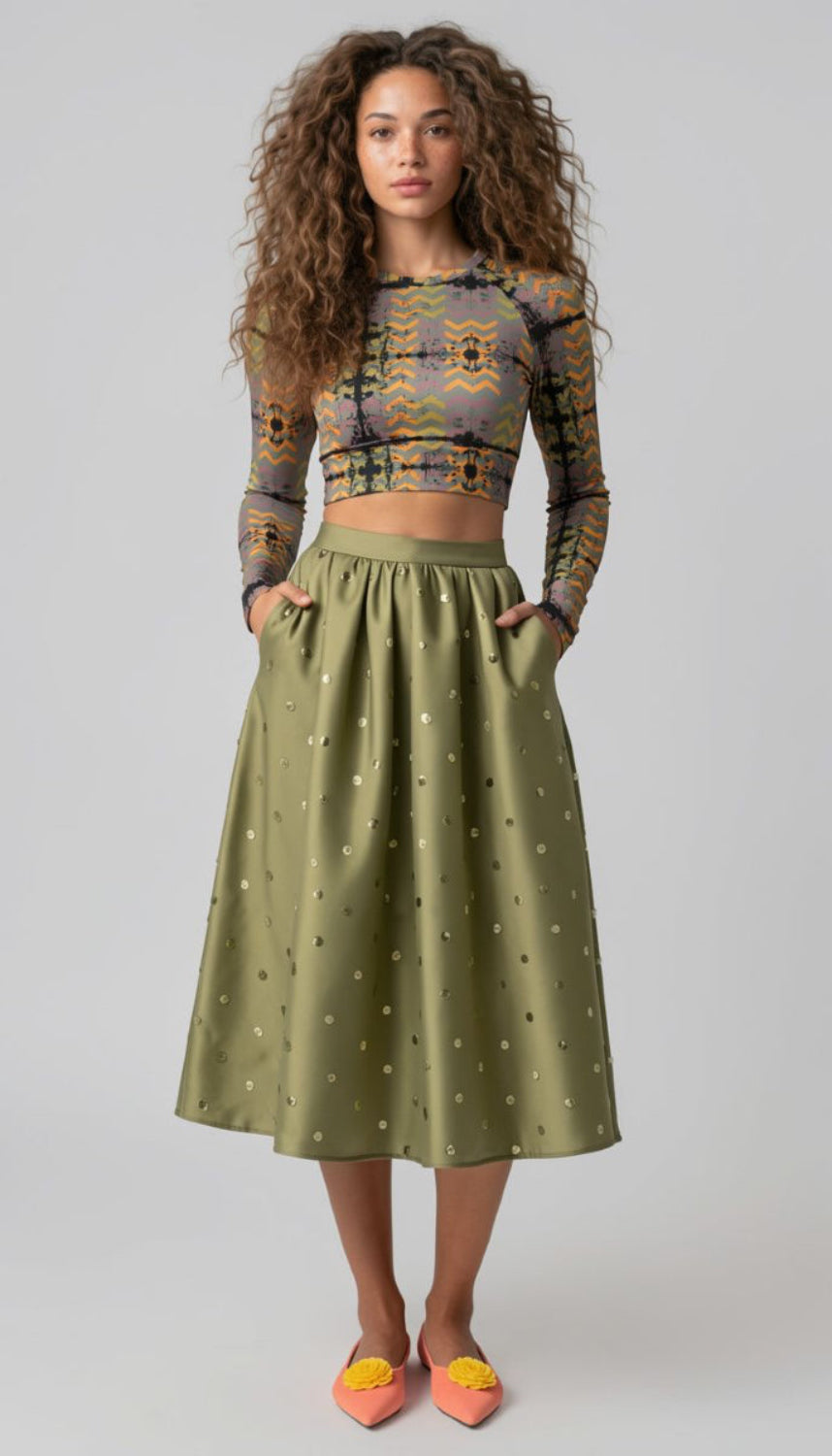 Chevron Splatter Sage Long-Sleeve Crop Top