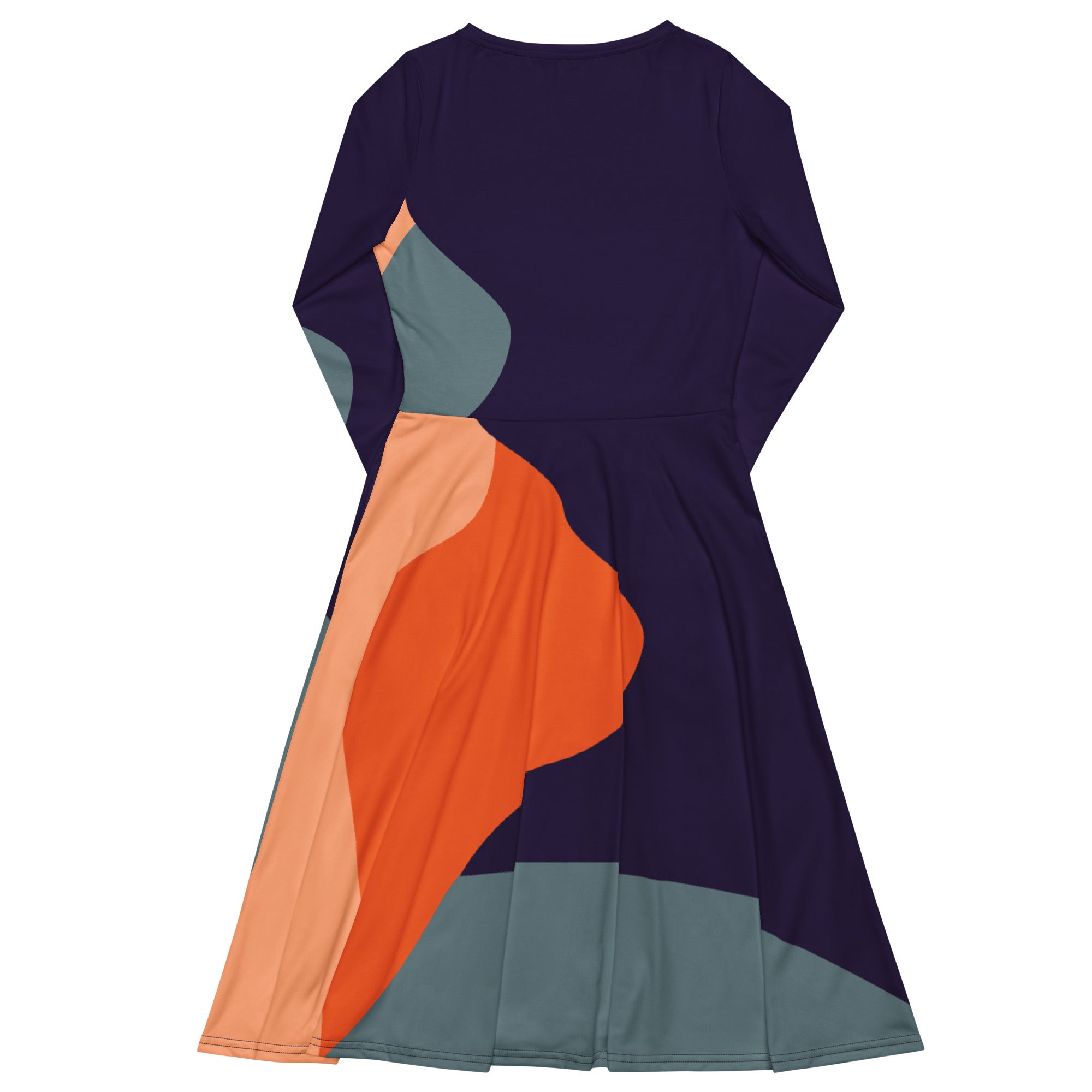 Back: Flow Midi Dress in purple colourway — back view showing continuous print