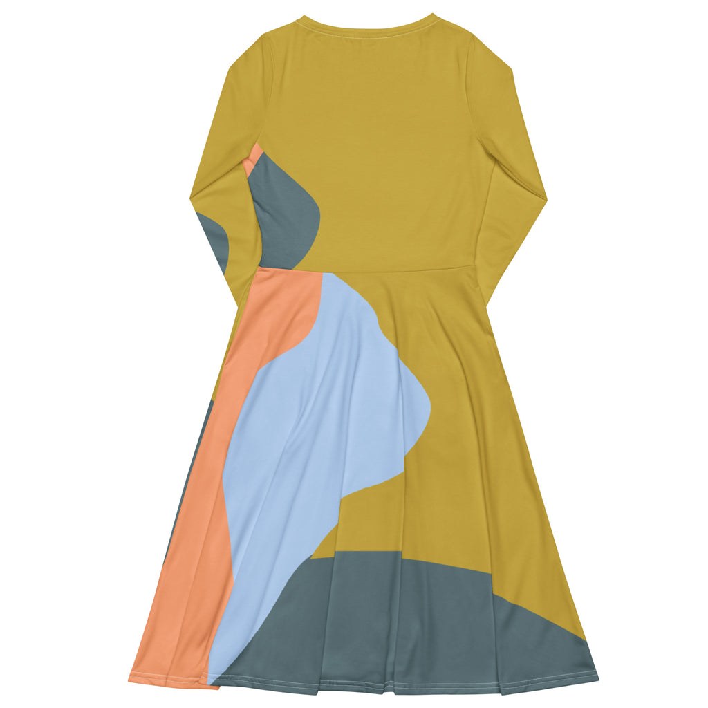 Back: Flow Midi Dress in ochre, soft blue, peach and slate — back view showing continuous print