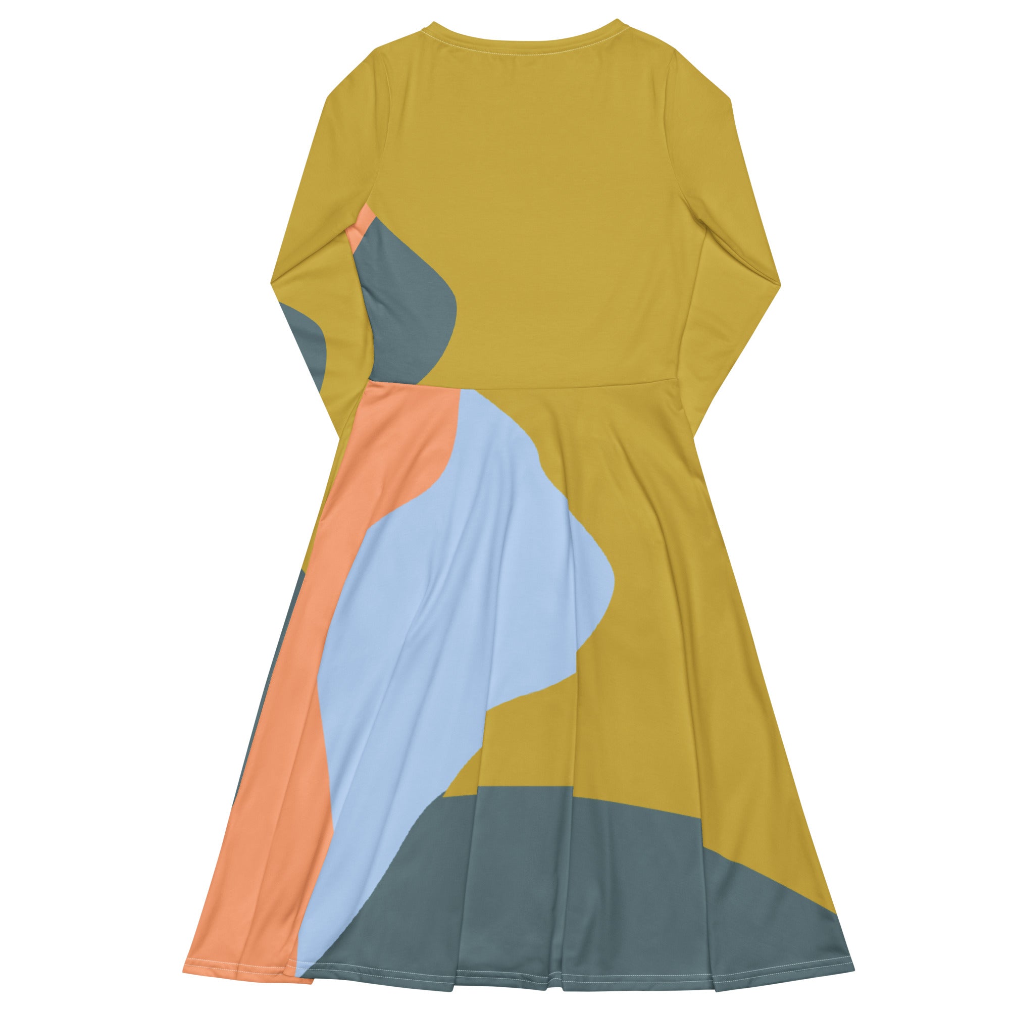 Back: Flow Midi Dress in ochre, soft blue, peach and slate — back view showing continuous print