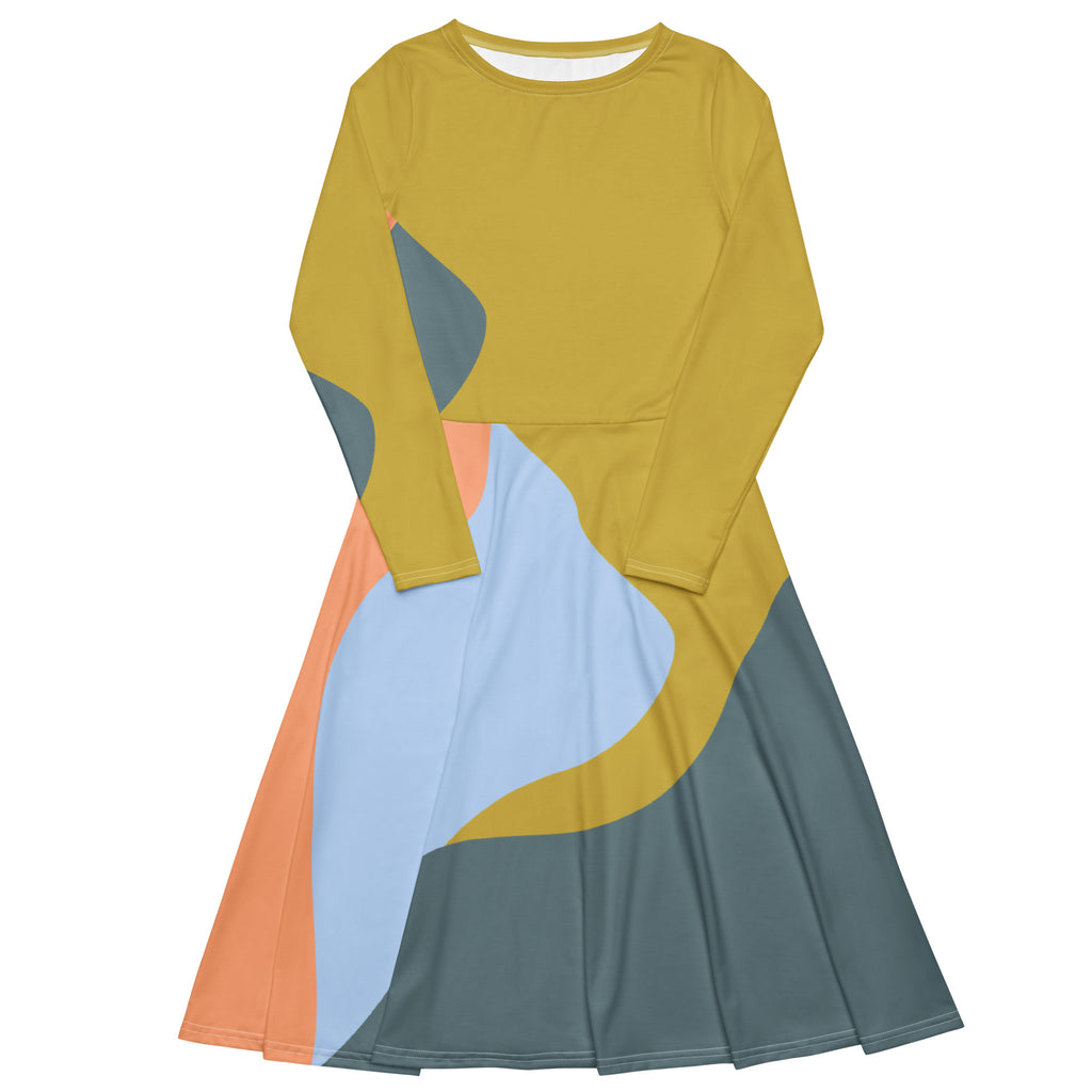 Front: Flow Midi Dress in ochre, soft blue, peach and slate — large organic abstract forms — front view